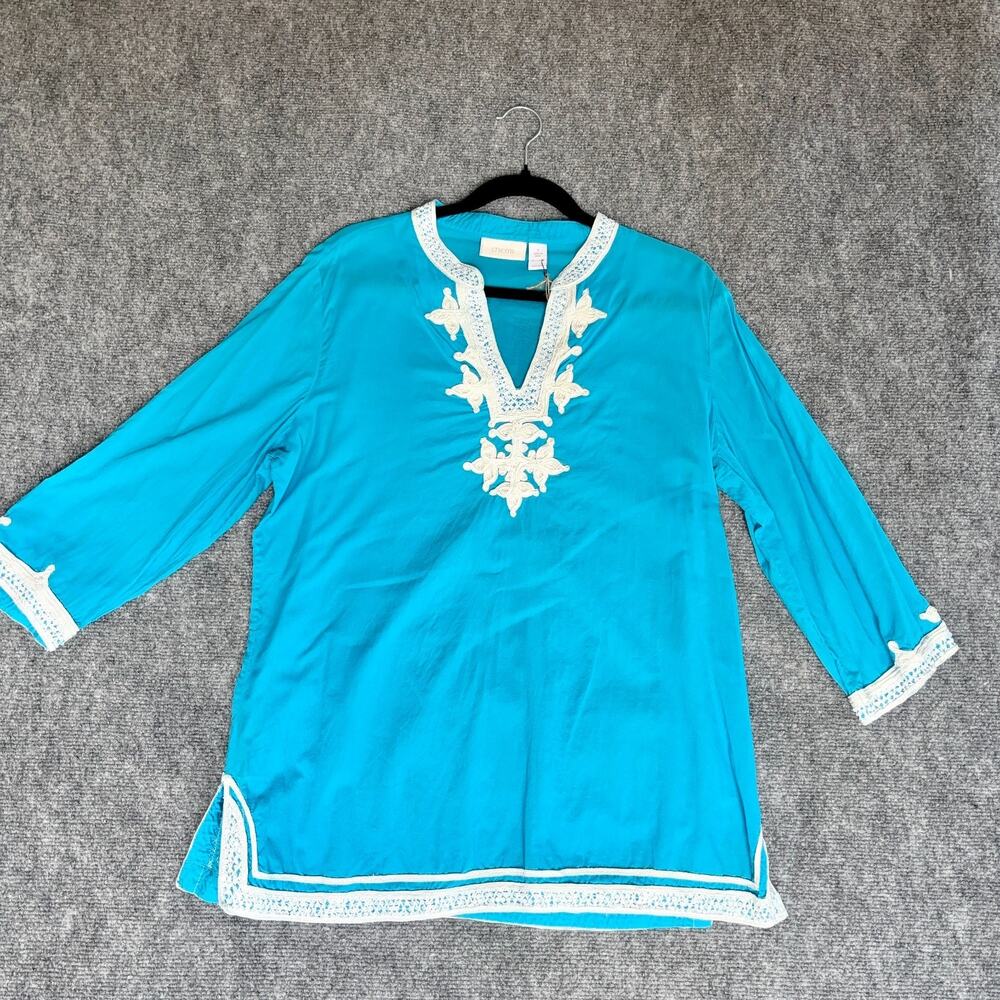 Chico’s Turquoise Cotton Tunic Top Embroidered Sequin Trim Boho Beach Size 2 L